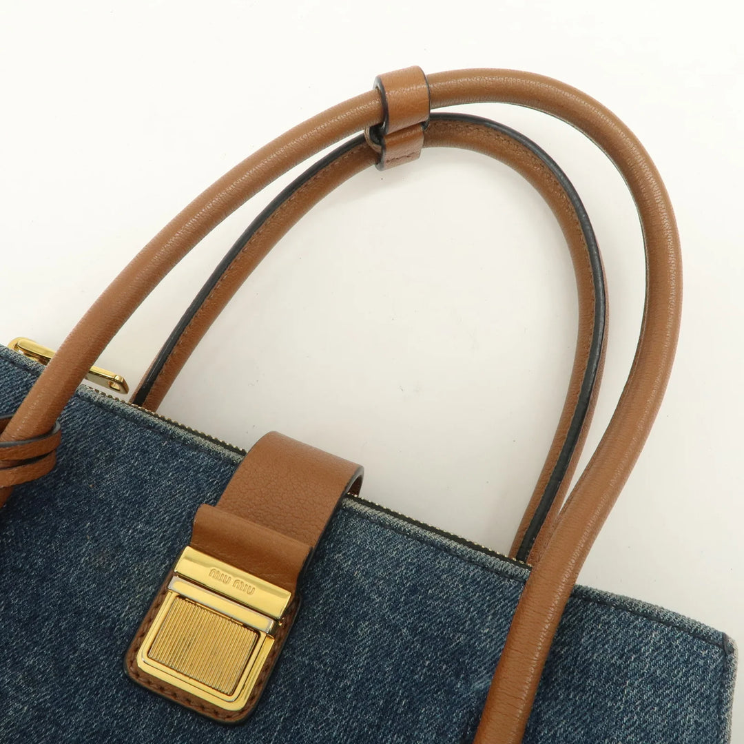 MIU MIU Madras Convertible Denim Leather 2Way Bag Hand Bag 5BA104