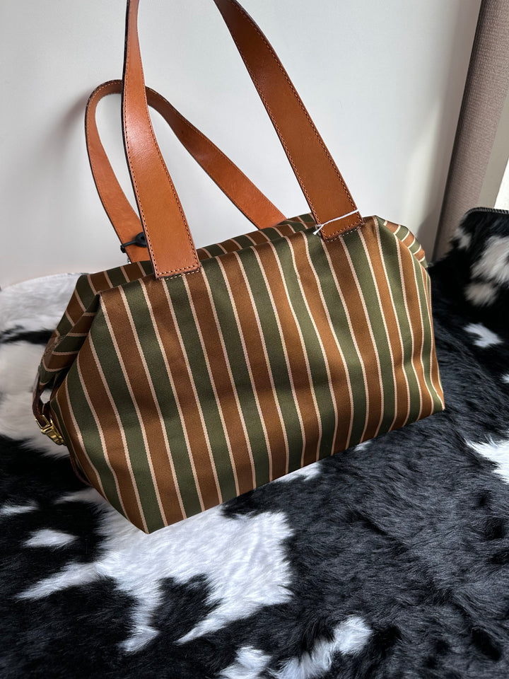 Celine Vintage Striped Canvas Boston Bag 🤎🫒｜Triomphe Crest Detail・Retro Stripe Design・Lightweight Everyday