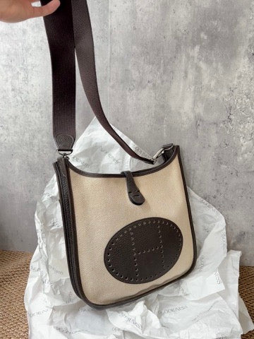 Hermes Evelyn 26 in Beige Canvas & Chocolate Leather – Iconic H Perforation, Lightweight Crossbody