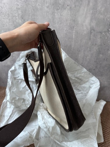 Hermes Evelyn 26 in Beige Canvas & Chocolate Leather – Iconic H Perforation, Lightweight Crossbody