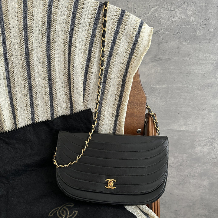 Chanel Vintage Black & Gold Half-Moon CF Flap Chain Bag