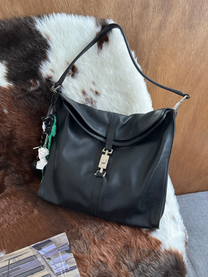 Gucci Jackie Double Flap Leather Hobo Bag 🖤｜Signature Piston Lock・Double Flap Design・Minimalist Classic