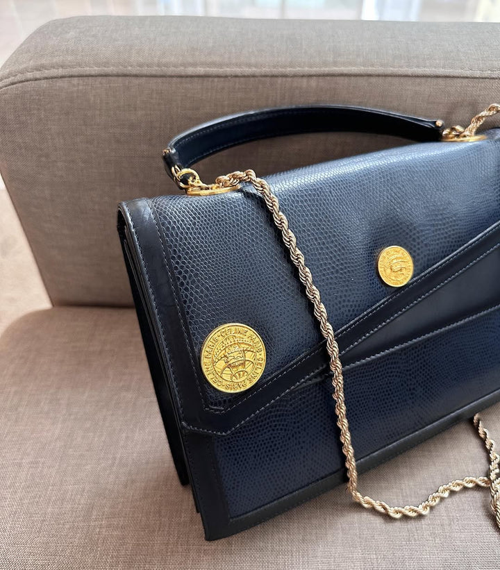 CELINE Navy & Black “Globe Coin” Document Bag｜Rare Convertible Vintage Treasure 🌏✨