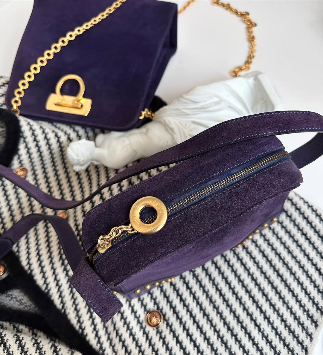 CELINE Purple Suede Vintage Studded Camera Bag｜Rare Charm with Golden Details 💜🦄