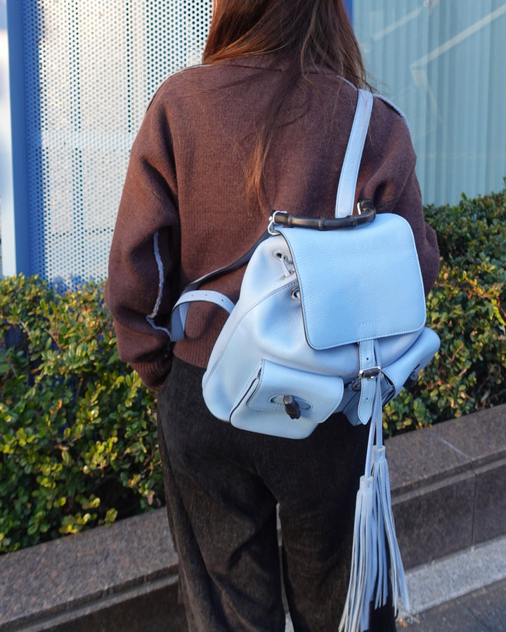 Gucci Bamboo Baby Blue Backpack with Tassels