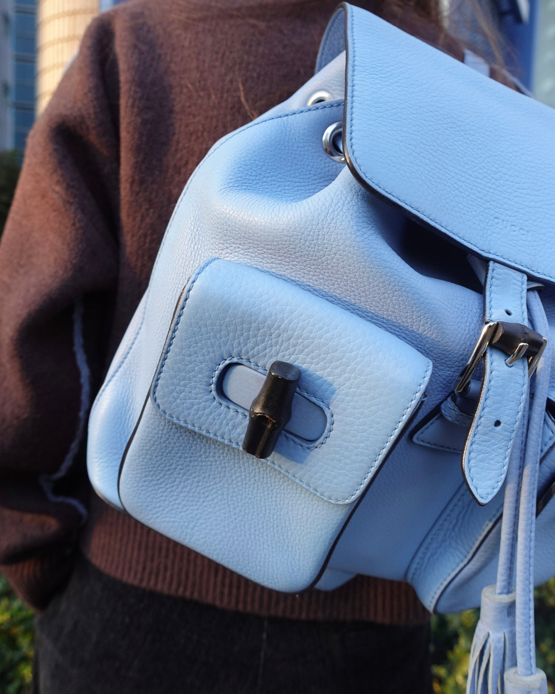 Gucci Bamboo Baby Blue Backpack with Tassels