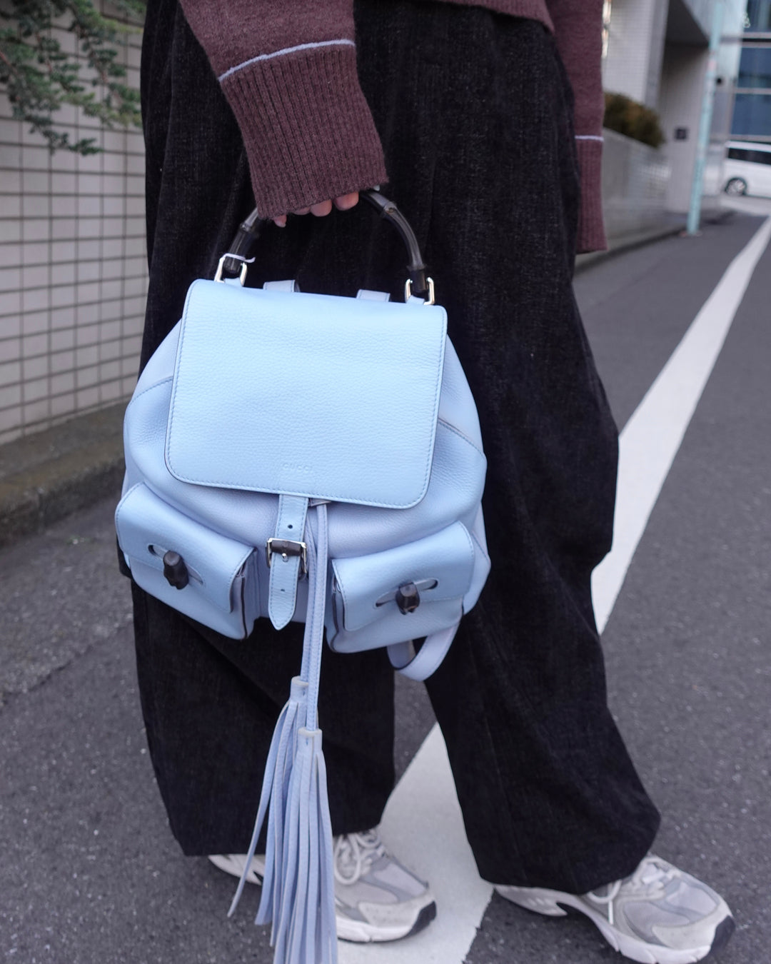 Gucci Bamboo Baby Blue Backpack with Tassels