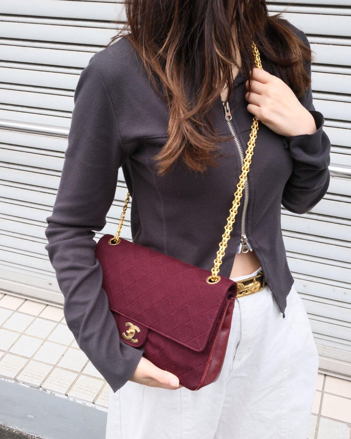 Chanel Vintage Double Flap Bag 23cm ✨🖤｜Rare Hybrid Design・Burgundy Fabric・Iconic Chain Strap