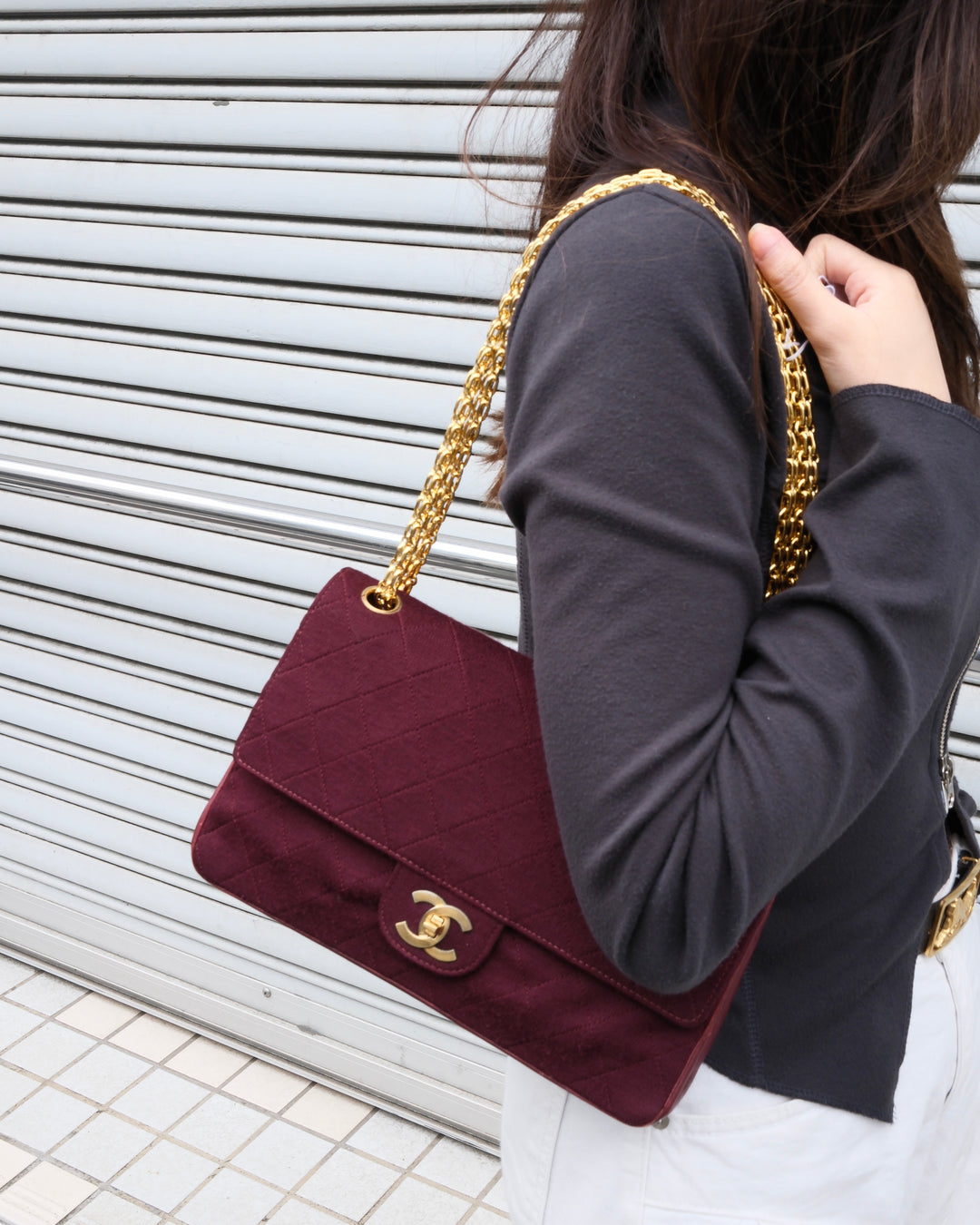 Chanel Vintage Double Flap Bag 23cm ✨🖤｜Rare Hybrid Design・Burgundy Fabric・Iconic Chain Strap