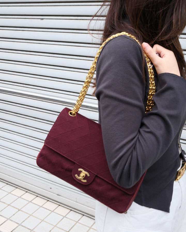 Chanel Vintage Double Flap Bag 23cm ✨🖤｜Rare Hybrid Design・Burgundy Fabric・Iconic Chain Strap