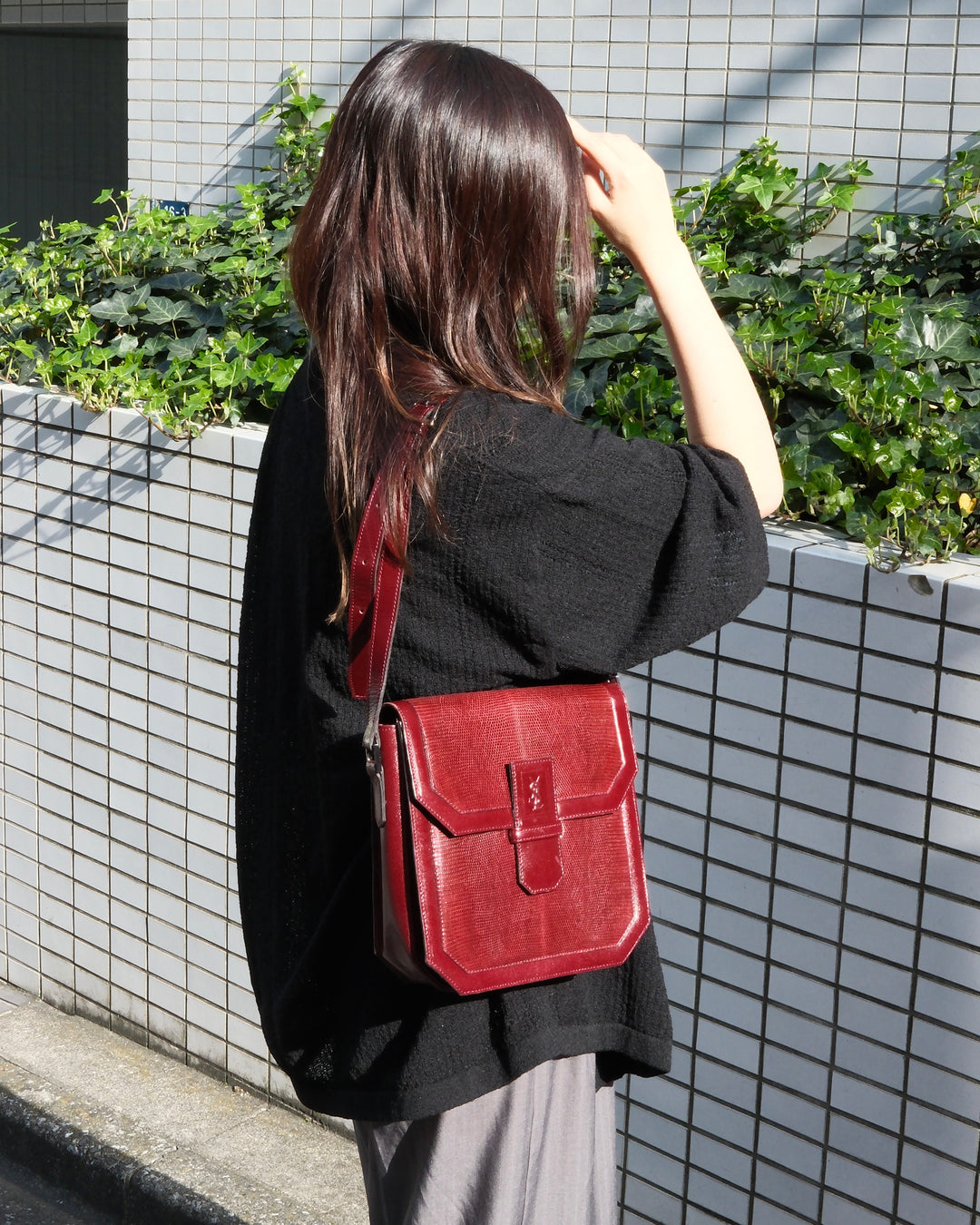 Saint Laurent Lizard Embossed Shoulder Bag ❤️｜Vintage Burgundy Tone・YSL Monogram Interior・Adjustable Strap