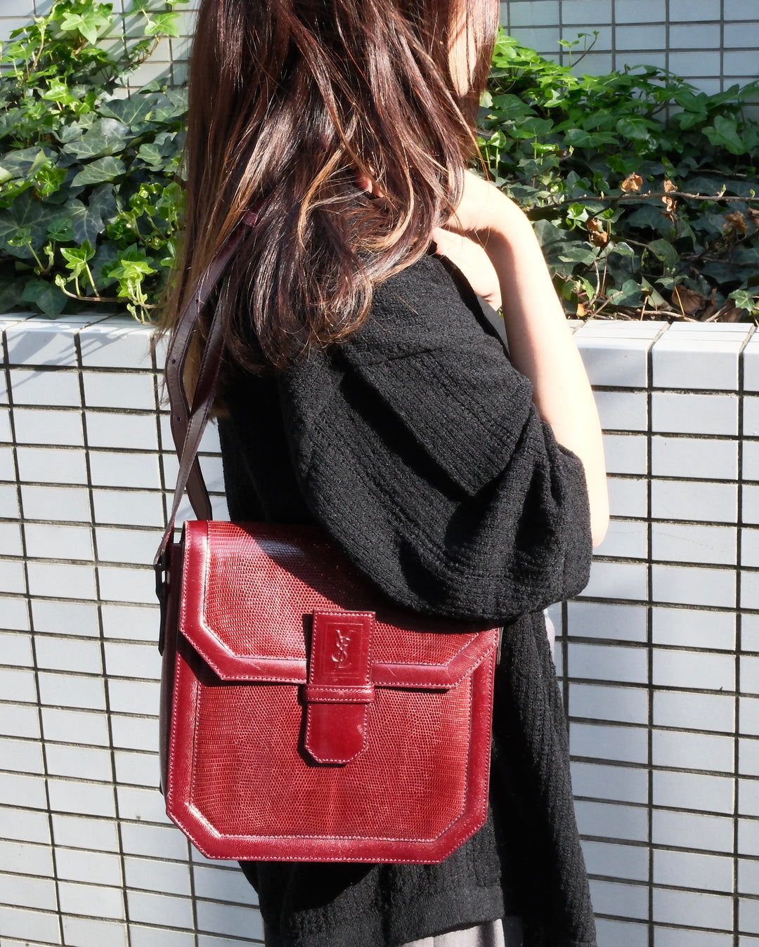Saint Laurent Lizard Embossed Shoulder Bag ❤️｜Vintage Burgundy Tone・YSL Monogram Interior・Adjustable Strap