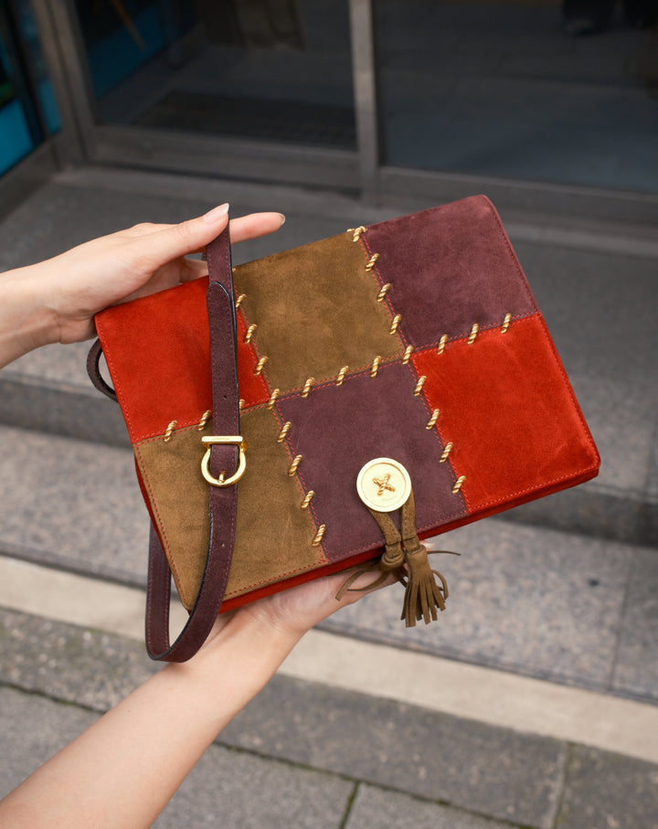 Ferragamo Patchwork Suede Crossbody ❤️💜｜Rare Vintage｜Gold Coin Closure｜Artistic Details