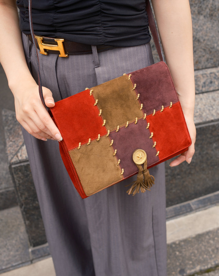 Ferragamo Patchwork Suede Crossbody ❤️💜｜Rare Vintage｜Gold Coin Closure｜Artistic Details