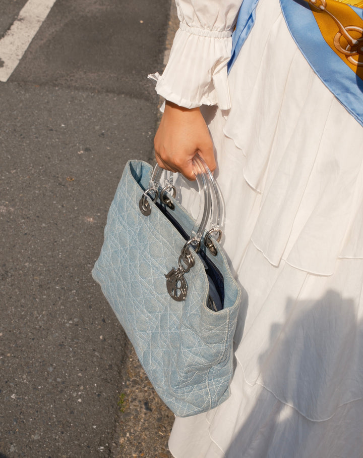 DIOR Denim Soft Lady Dior Tote Bag 🩵｜Light Blue Denim × Clear Top Handles × Casual Styling