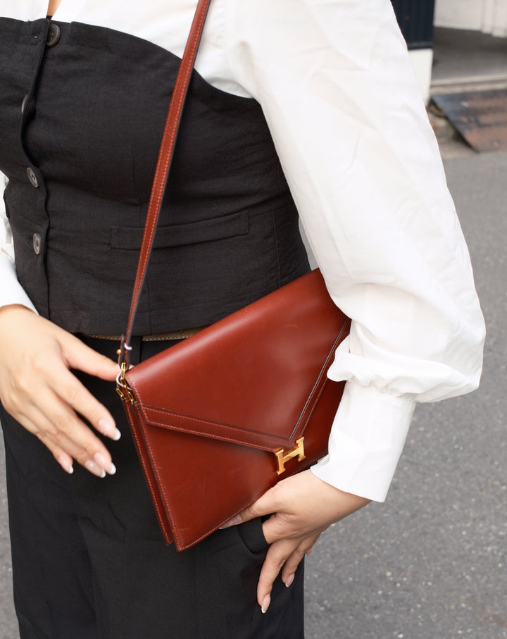 HERMÈS Lydie Box Calf Leather Bag 🍷｜Rouge H × Gold Hardware × 1977 Vintage✨