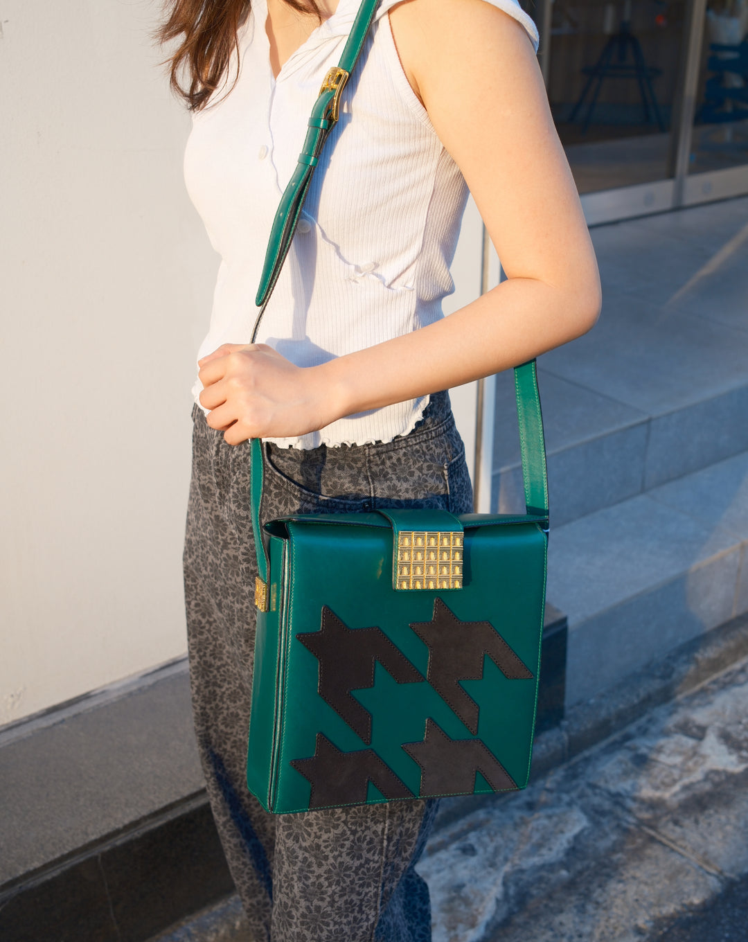 Celine Vintage Houndstooth Crossbody Bag 💚🖤｜Rare Houndstooth Appliqué × Triomphe Hardware × Emerald Green Leather
