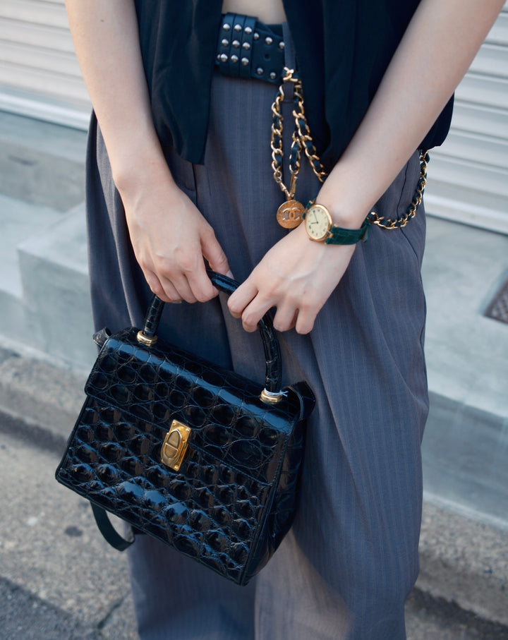 Loewe Vintage Crocodile Kelly Small 🖤｜Black Crocodile・Gold Hardware・Convertible Shoulder Bag
