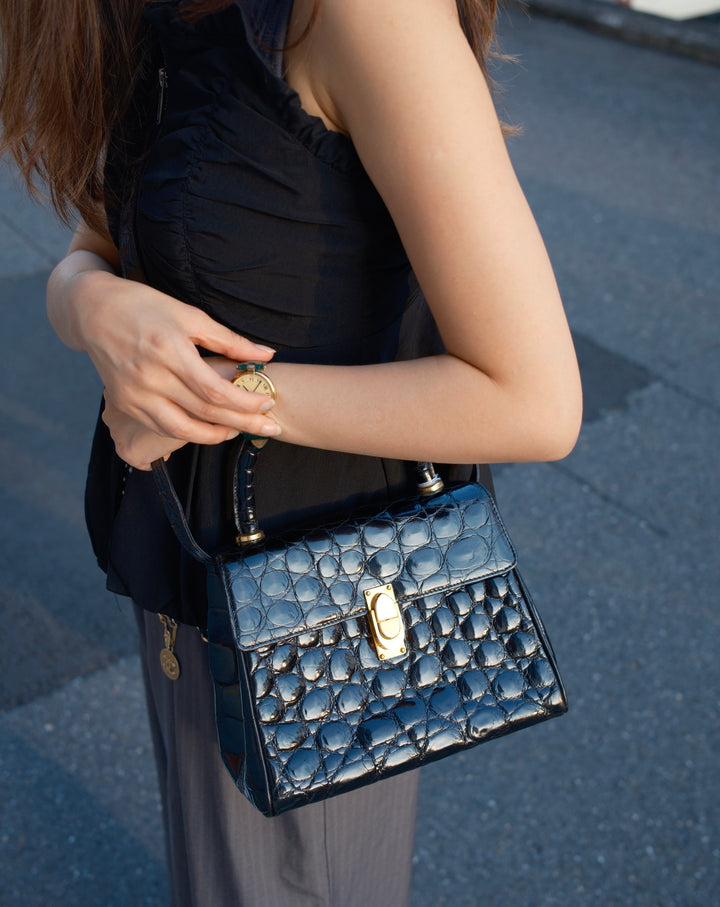 Loewe Vintage Crocodile Kelly Small 🖤｜Black Crocodile・Gold Hardware・Convertible Shoulder Bag