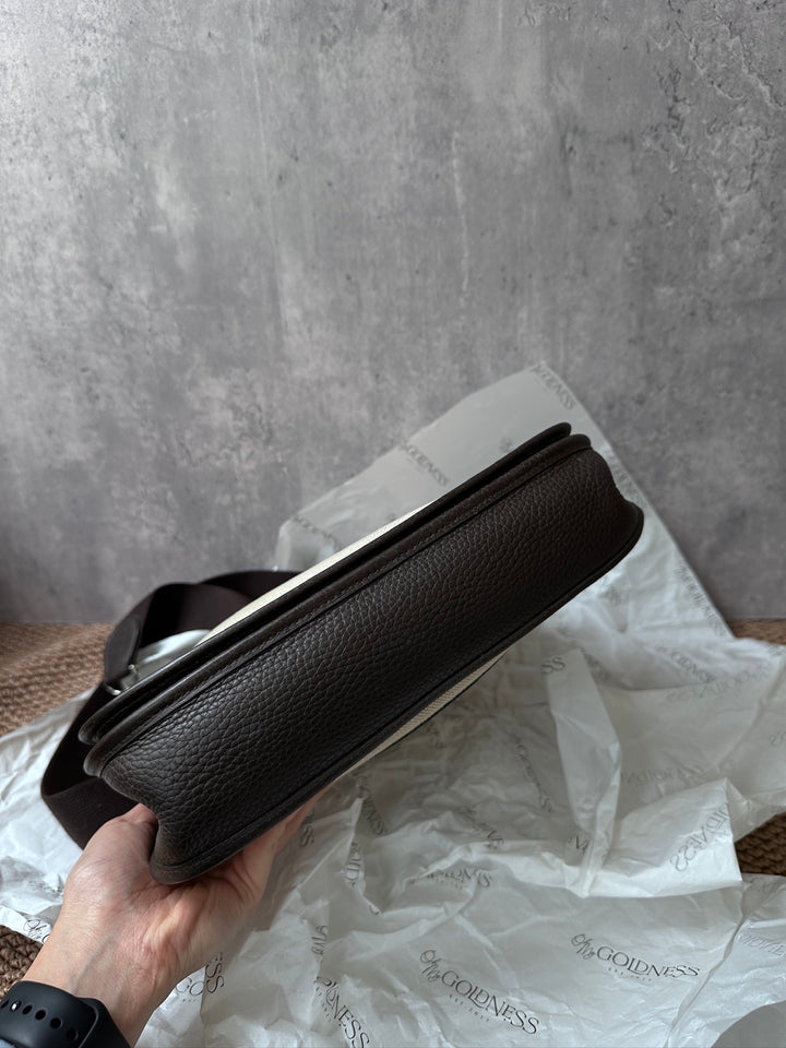 Hermes Evelyn 26 in Beige Canvas & Chocolate Leather – Iconic H Perforation, Lightweight Crossbody