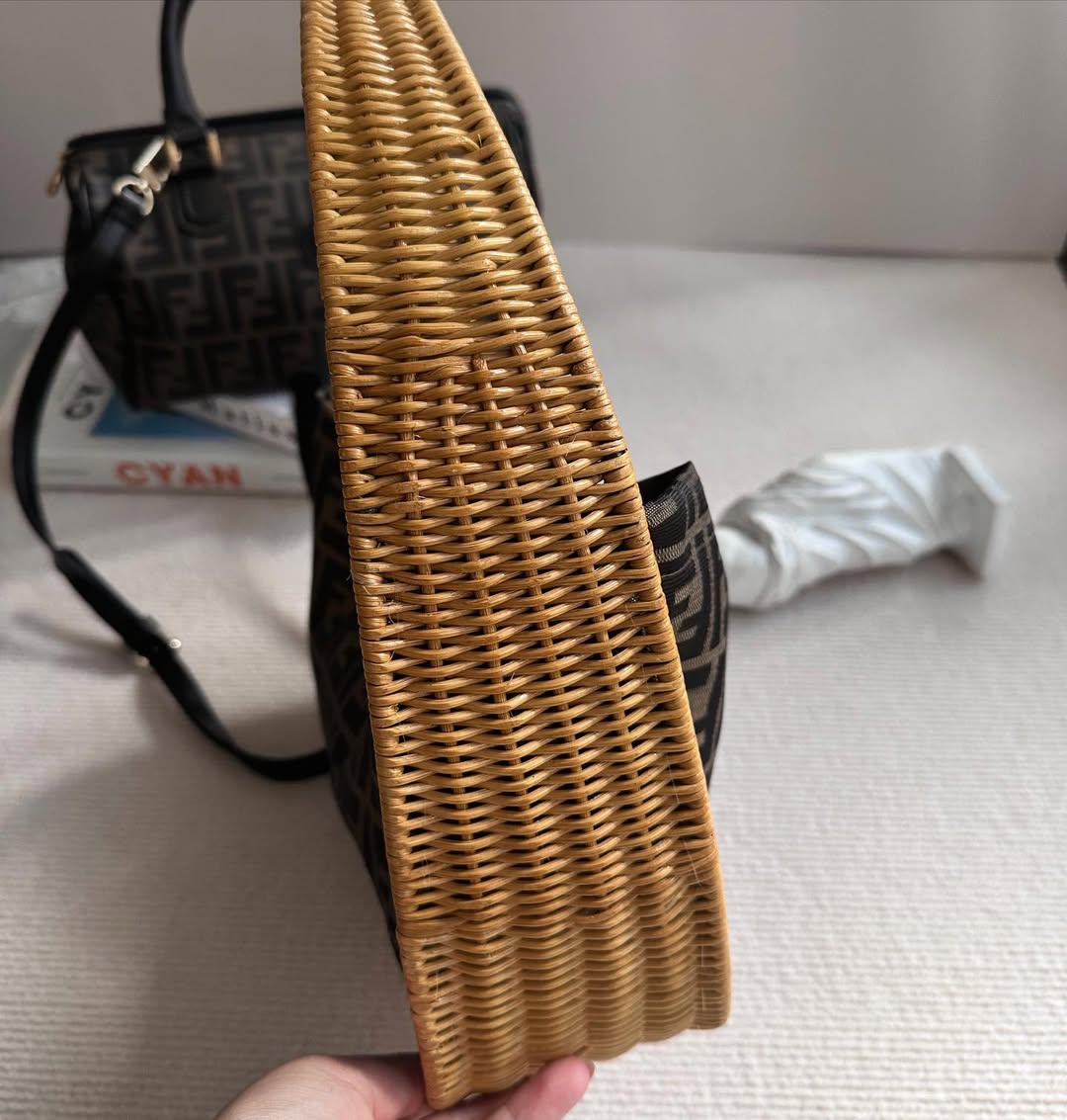 FENDI Vintage Rattan Cradle Bag（Brown Zucca Canvas × Rattan Frame）｜Rare Find × Retro Charm 🌙