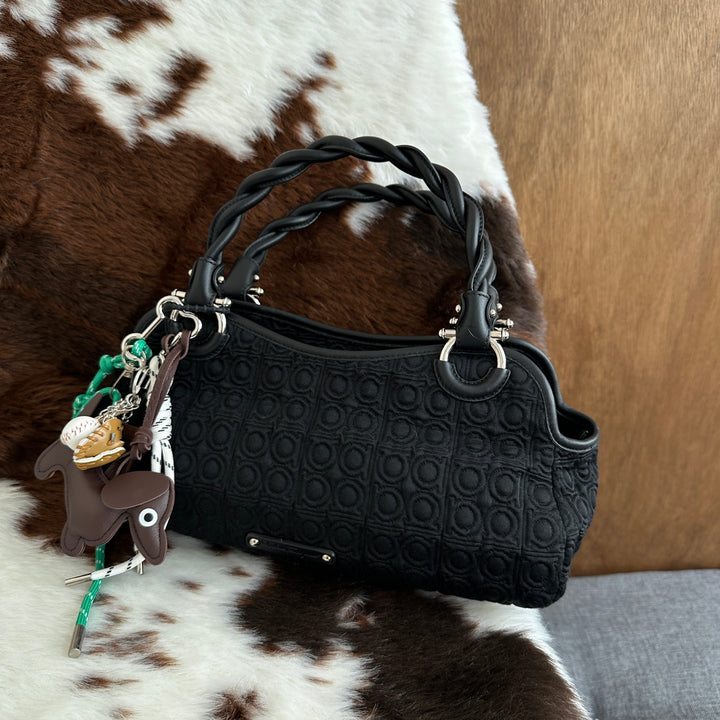 Salvatore Ferragamo Gancini Nylon Hand Bag 🖤｜Iconic Gancini Pattern × Twisted Handle Detail × Lightweight Everyday Style
