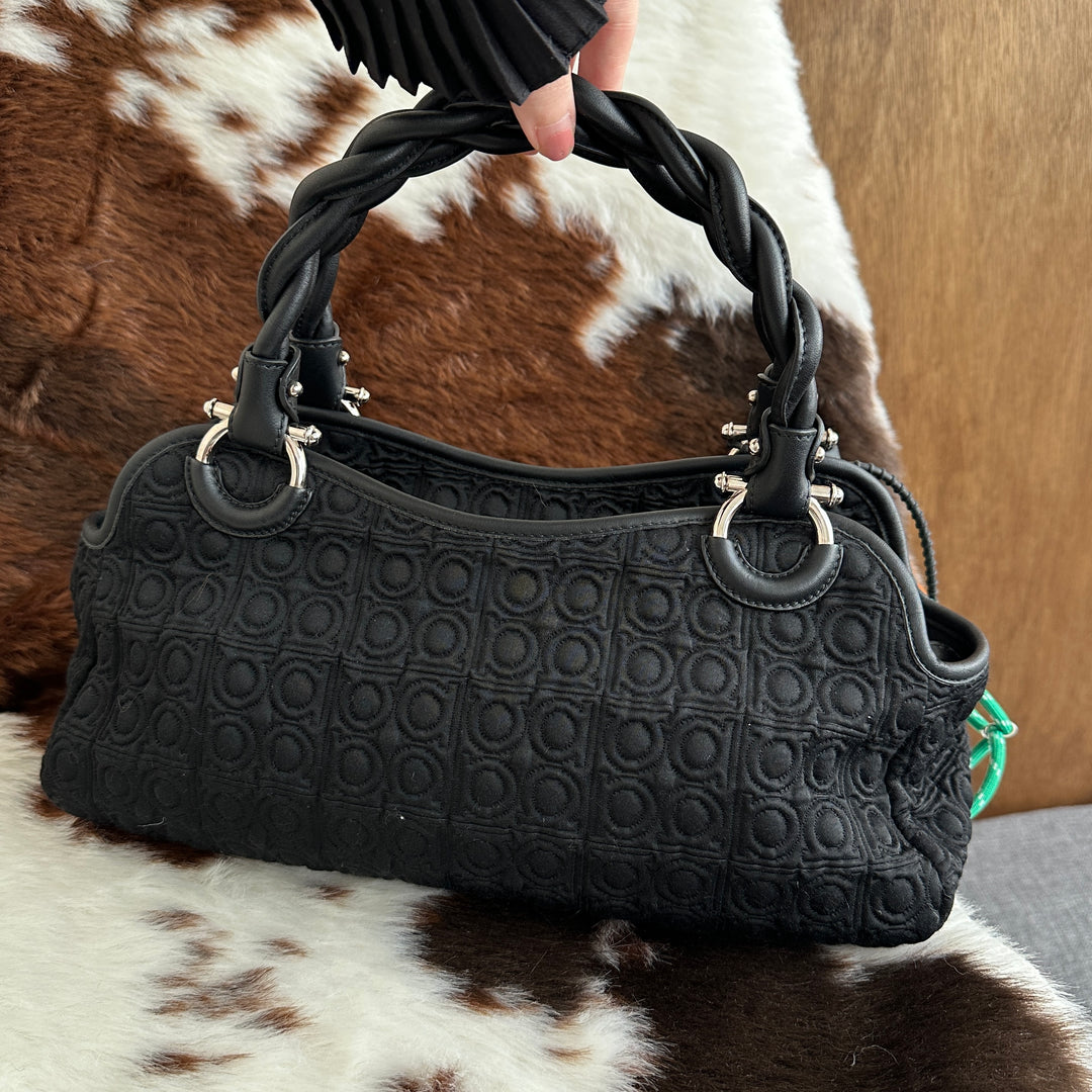 Salvatore Ferragamo Gancini Nylon Hand Bag 🖤｜Iconic Gancini Pattern × Twisted Handle Detail × Lightweight Everyday Style