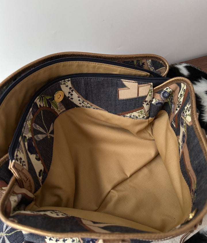 Ferragamo Denim Floral Tote Bag 💙✨｜Denim Patchwork・Floral Print・Large Capacity