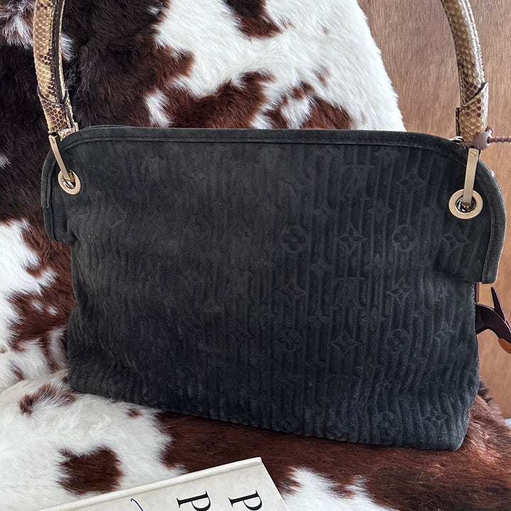 Louis Vuitton Limited Edition Monogram Suede Hobo Bag 🩶｜Elephant Grey Suede × Snakeskin Accents × Rare Textured Finish