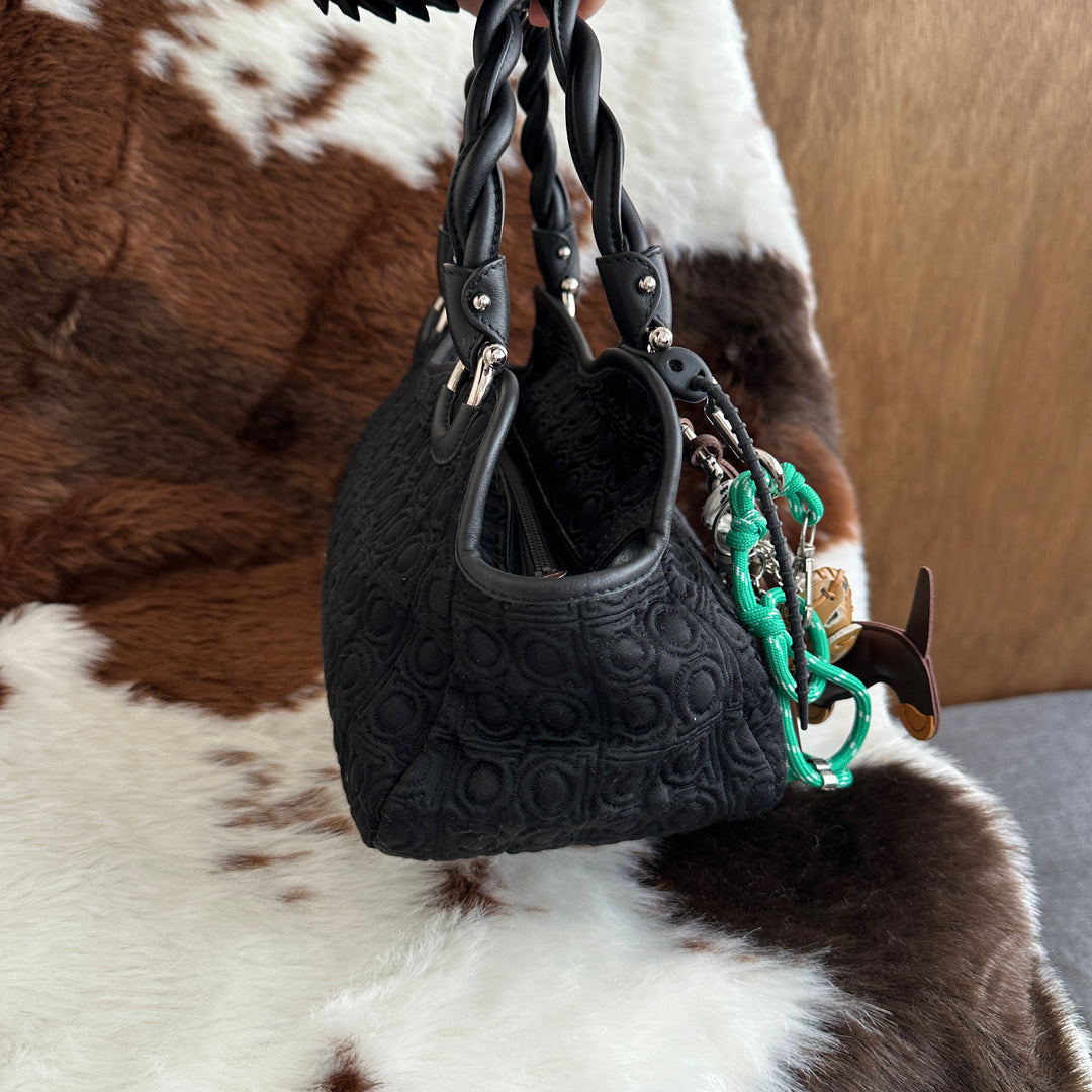 Salvatore Ferragamo Gancini Nylon Hand Bag 🖤｜Iconic Gancini Pattern × Twisted Handle Detail × Lightweight Everyday Style