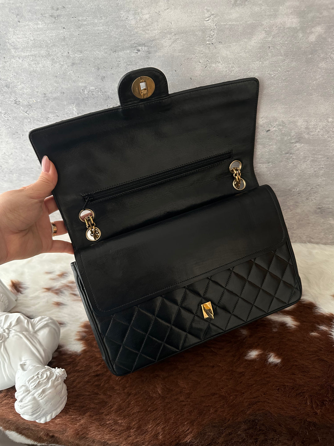 Chanel Vintage Special Edition Double Flap 25cm ✨🖤｜Full Leather × CC Turn-Lock × 2.55-Style Chain