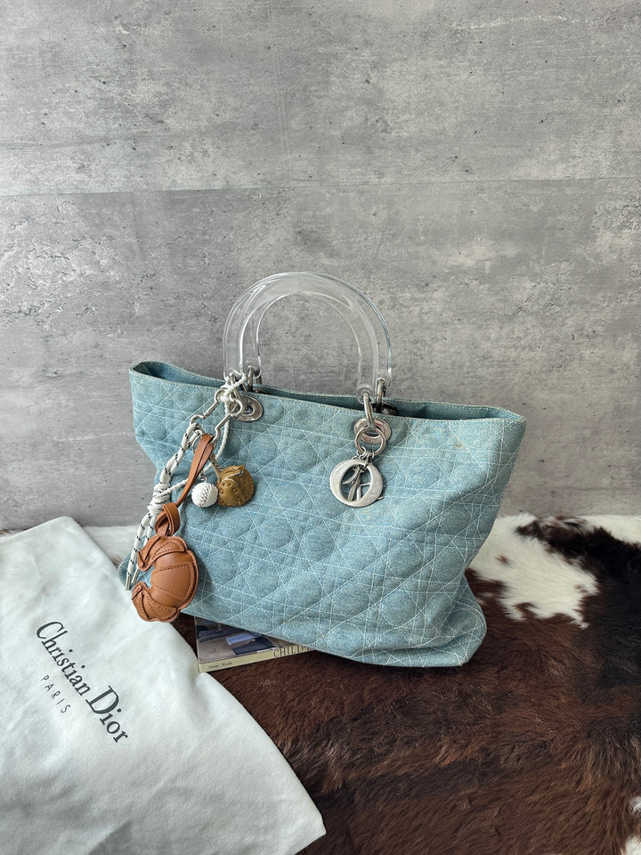 DIOR Denim Soft Lady Dior Tote Bag 🩵｜Light Blue Denim × Clear Top Handles × Casual Styling