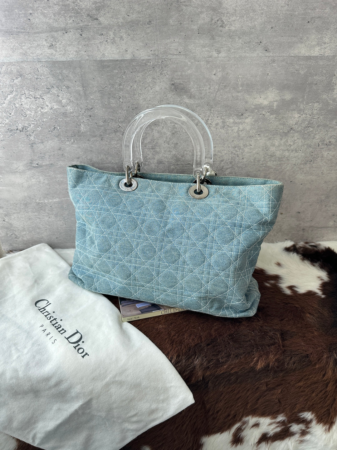 DIOR Denim Soft Lady Dior Tote Bag 🩵｜Light Blue Denim × Clear Top Handles × Casual Styling