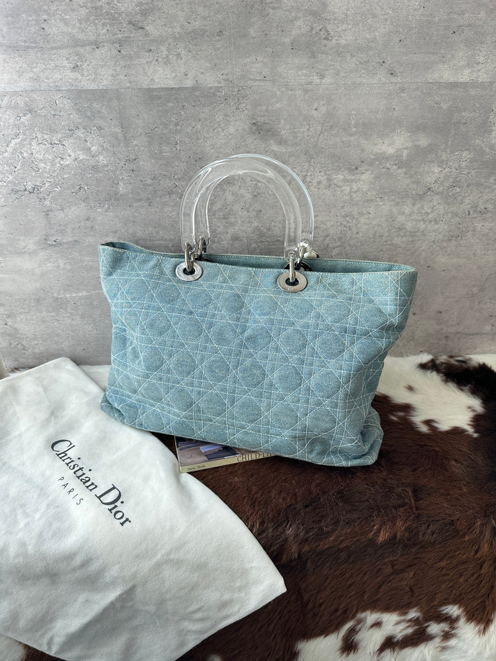 DIOR Denim Soft Lady Dior Tote Bag 🩵｜Light Blue Denim × Clear Top Handles × Casual Styling