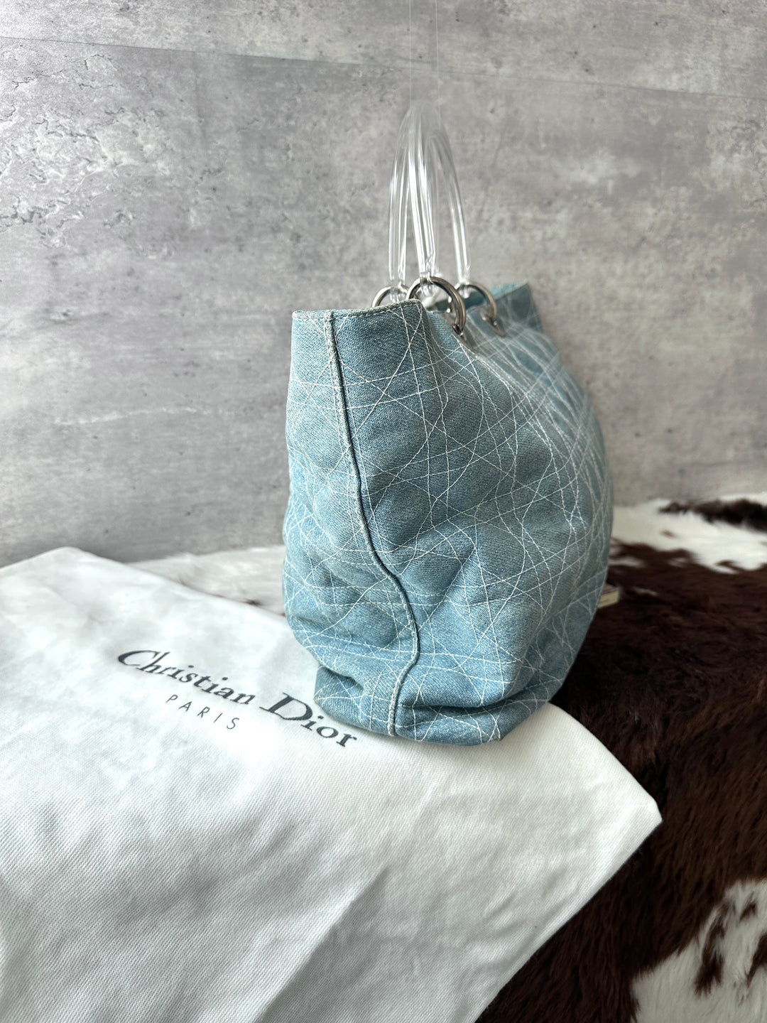 DIOR Denim Soft Lady Dior Tote Bag 🩵｜Light Blue Denim × Clear Top Handles × Casual Styling