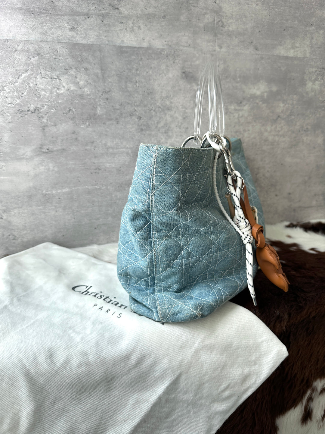 DIOR Denim Soft Lady Dior Tote Bag 🩵｜Light Blue Denim × Clear Top Handles × Casual Styling