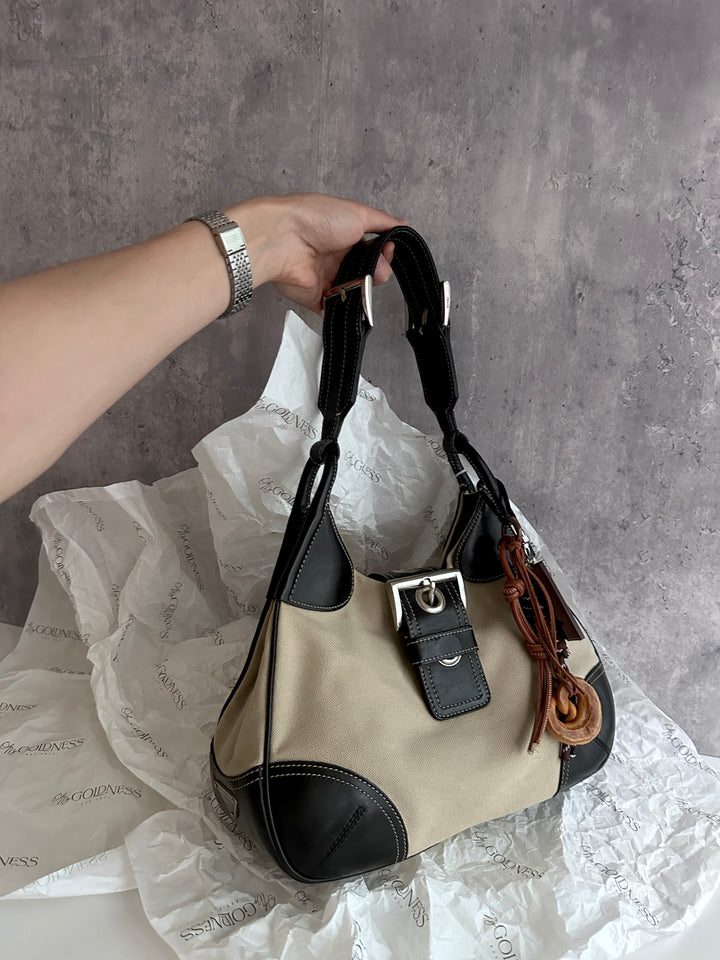 PRADA Canvas & Leather Hobo Bag – Side Logo Detail × Convertible to Crossbody 🖤