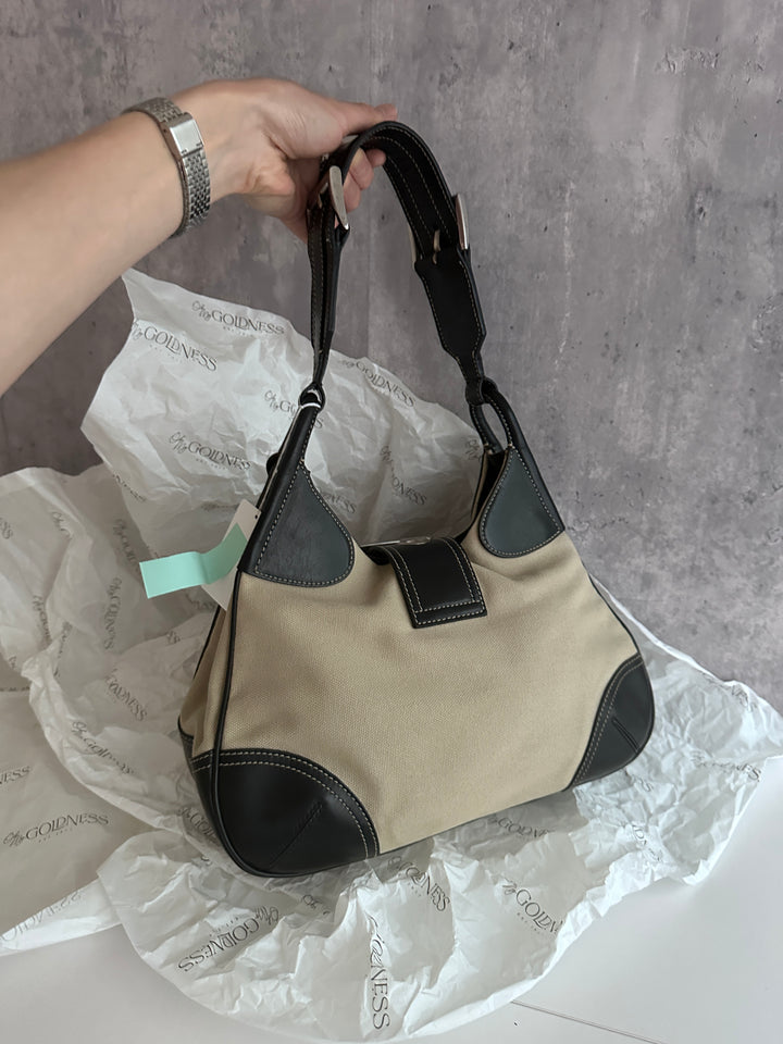 PRADA Canvas & Leather Hobo Bag – Side Logo Detail × Convertible to Crossbody 🖤