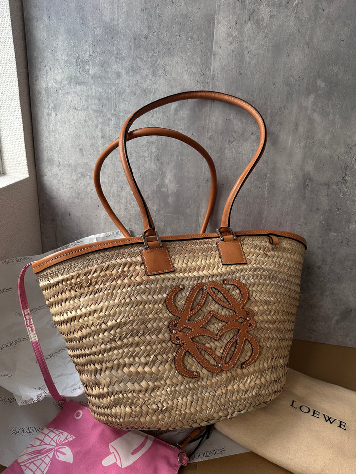 LOEWE Raffia Shoulder Bag – Long Leather Handle × Full Set + Pouch 🤎