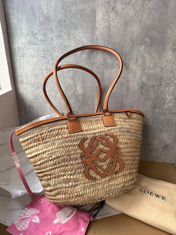 LOEWE Raffia Shoulder Bag – Long Leather Handle × Full Set + Pouch 🤎