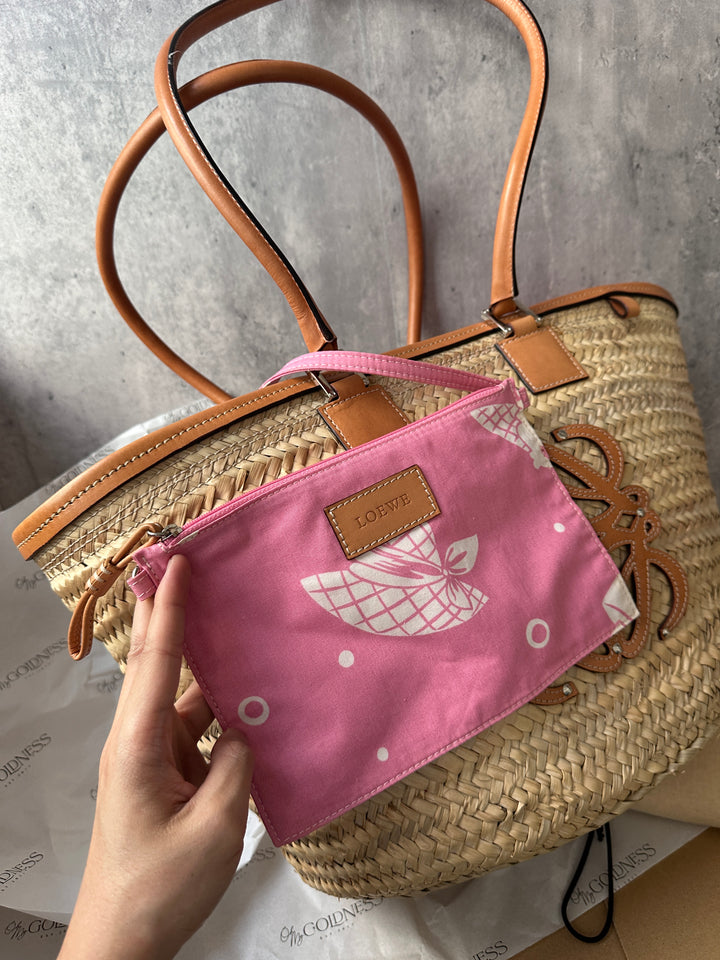 LOEWE Raffia Shoulder Bag – Long Leather Handle × Full Set + Pouch 🤎