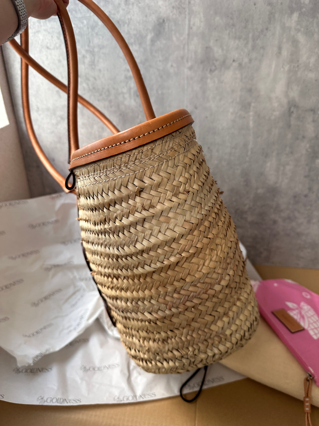 LOEWE Raffia Shoulder Bag – Long Leather Handle × Full Set + Pouch 🤎