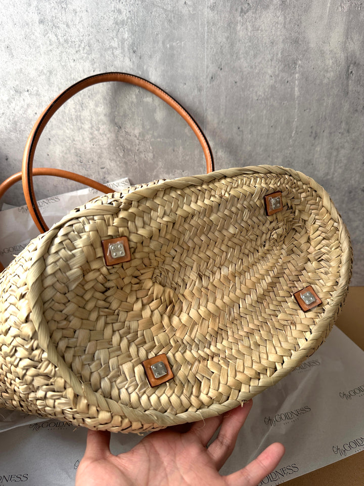 LOEWE Raffia Shoulder Bag – Long Leather Handle × Full Set + Pouch 🤎