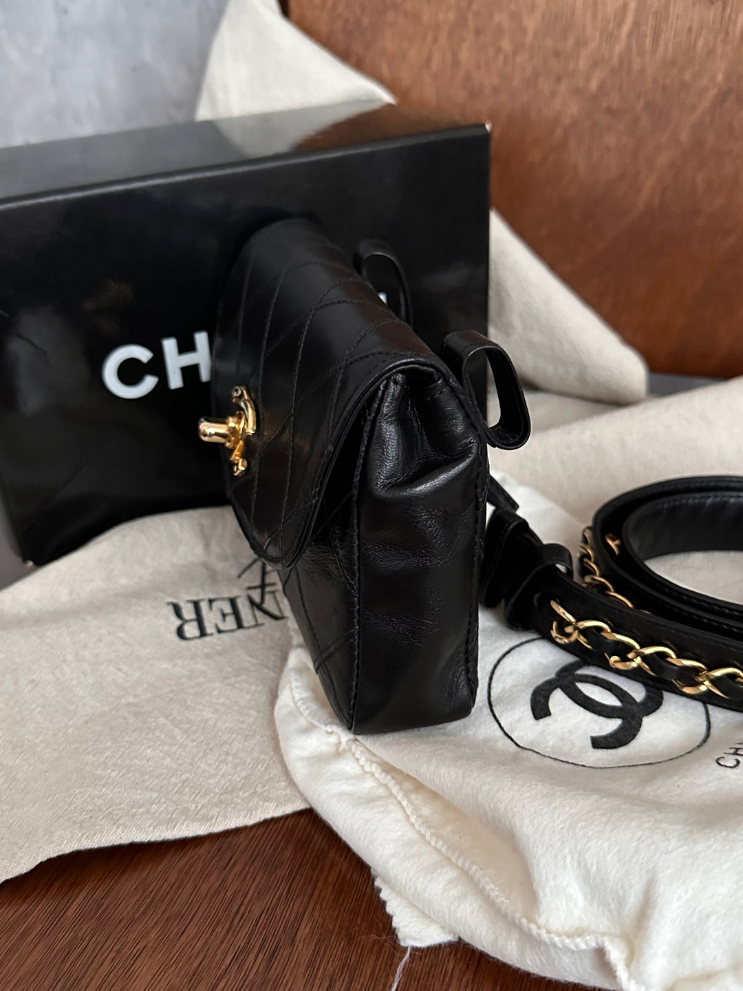 Chanel Black Caviar Leather Belt Bag with Chain – Gold Hardware