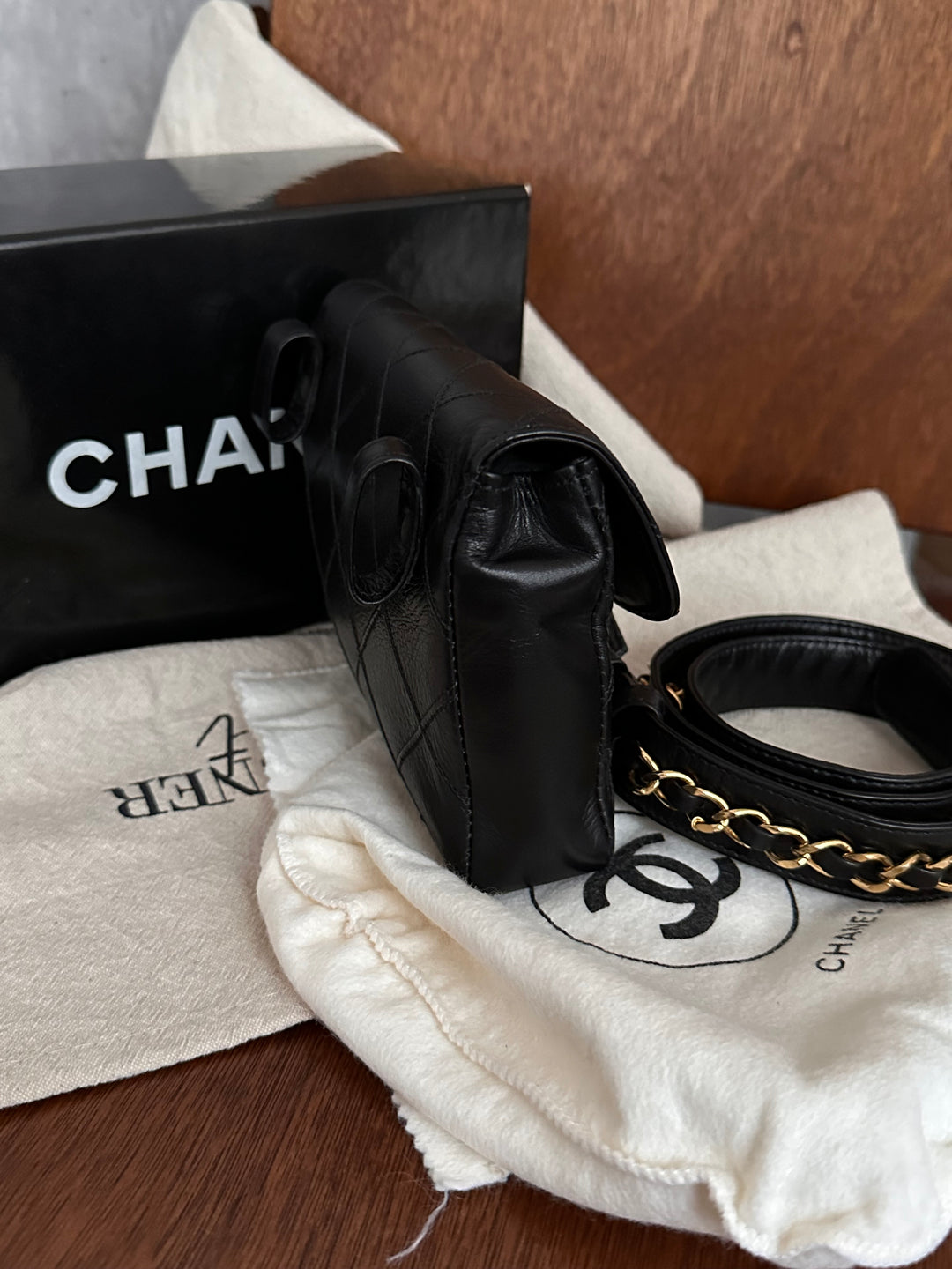 Chanel Black Caviar Leather Belt Bag with Chain – Gold Hardware