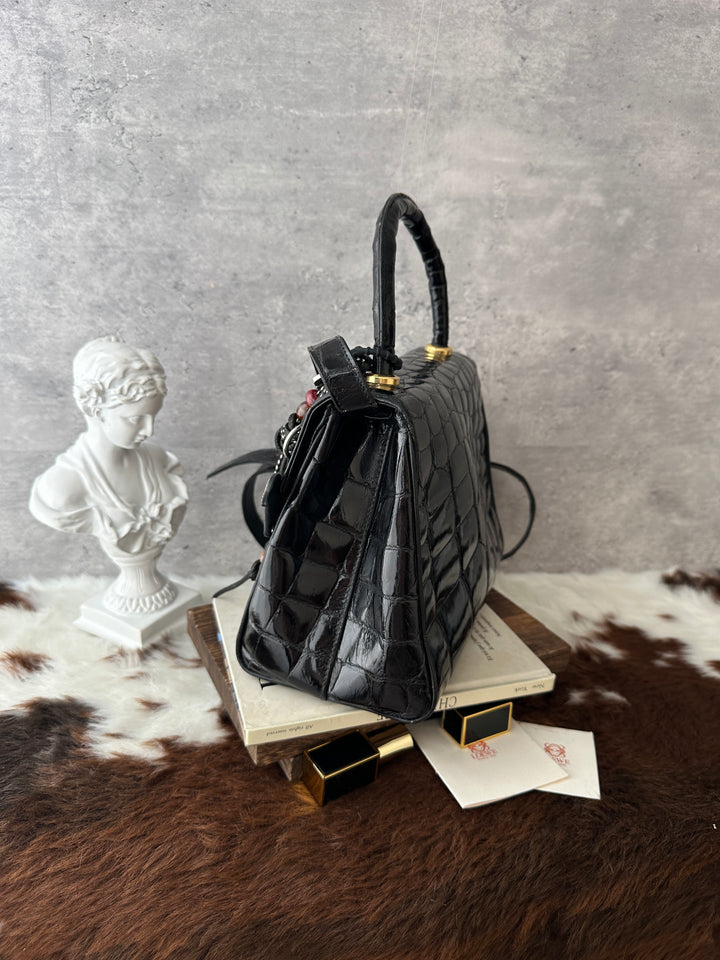 Loewe Vintage Crocodile Kelly Small 🖤｜Black Crocodile・Gold Hardware・Convertible Shoulder Bag