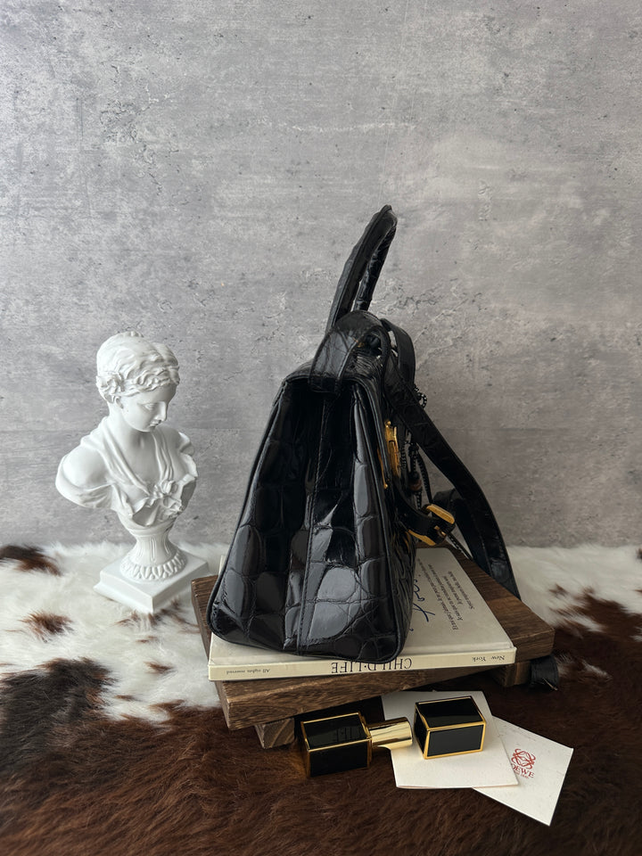 Loewe Vintage Crocodile Kelly Small 🖤｜Black Crocodile・Gold Hardware・Convertible Shoulder Bag