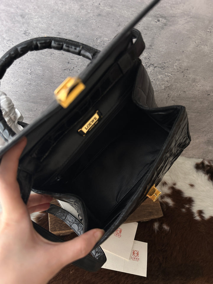 Loewe Vintage Crocodile Kelly Small 🖤｜Black Crocodile・Gold Hardware・Convertible Shoulder Bag