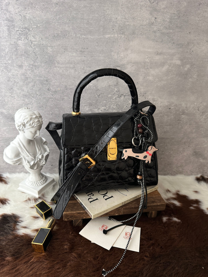 Loewe Vintage Crocodile Kelly Small 🖤｜Black Crocodile・Gold Hardware・Convertible Shoulder Bag