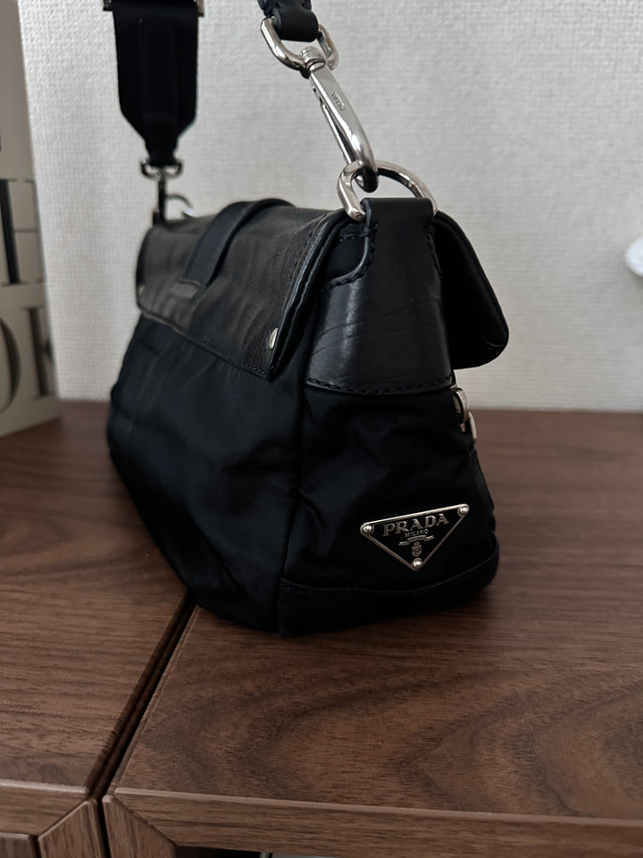 Prada Flap Hobo Bag 🖤✨ Nylon & Leather Mix